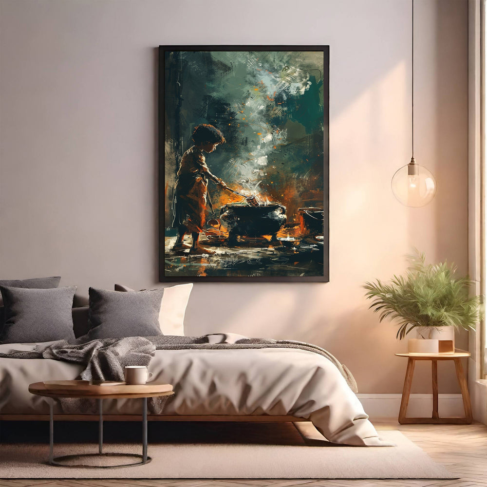 Wadi Home framed wall art depicting a child stirring a pot over a fire in a painterly style with dramatic dark and orange tones.