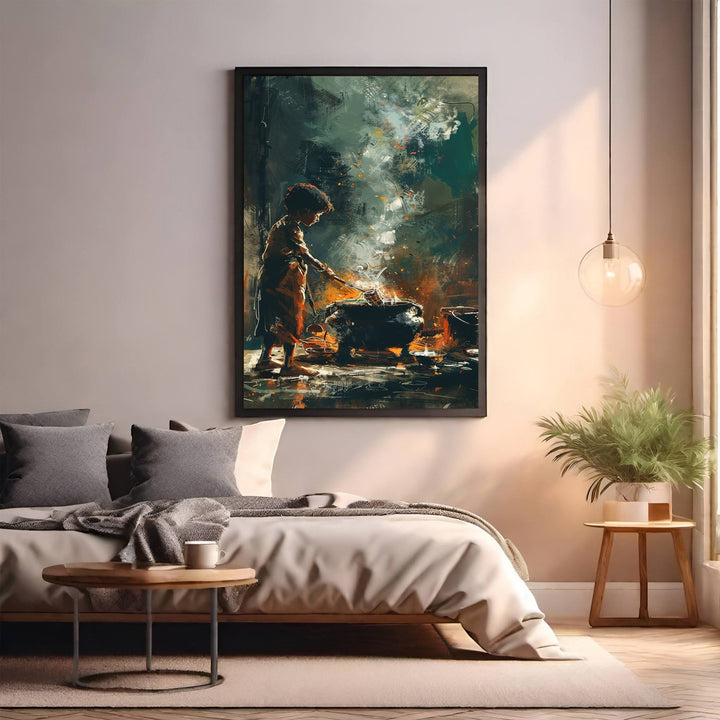 Wadi Home framed wall art depicting a child stirring a pot over a fire in a painterly style with dramatic dark and orange tones.