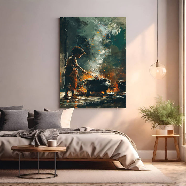 Wadi Home nostalgic wall art of a child stirring a pot over a fire, painterly style, dramatic colors.
