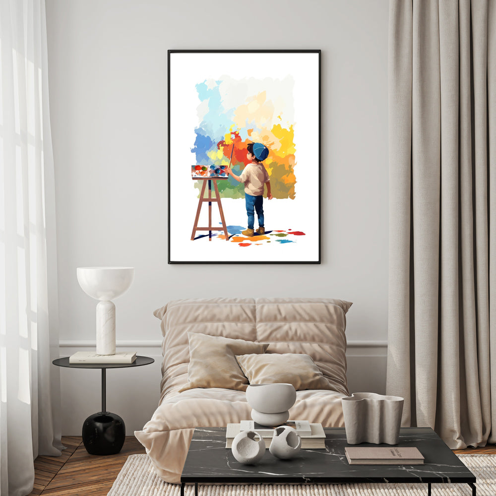 Wadi Home abstract art print of a child painting with vibrant blues, yellows, and reds. Features a child with a blue hat on an easel.