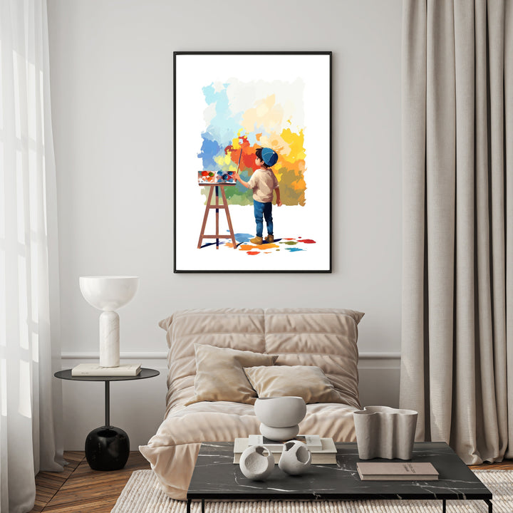 Wadi Home abstract art print of a child painting with vibrant blues, yellows, and reds. Features a child with a blue hat on an easel.
