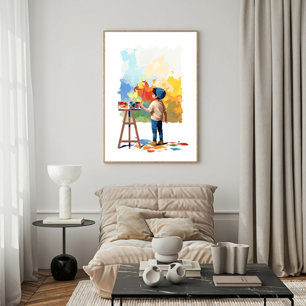 Wadi Home abstract art print of a child painting with vibrant blues, yellows, and reds on a canvas.