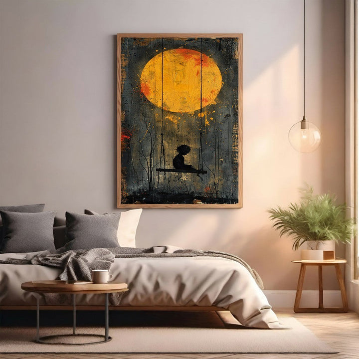 Wadi Home artwork: Child on swing silhouetted against a large yellow moon, textured painterly style.