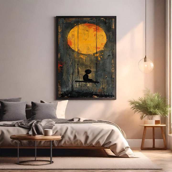 Wadi Home artwork: silhouetted child on swing under a large yellow moon, textured painterly style, dark moody background.