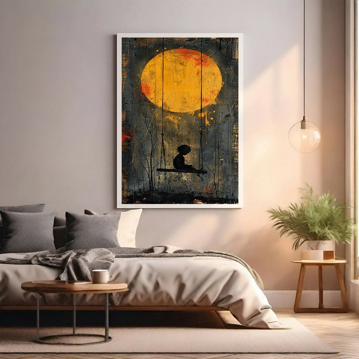 Wadi Home artwork: Child on swing silhouetted against a large yellow moon, textured painterly style.