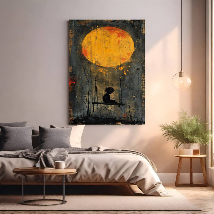 Wadi Home artwork: silhouetted child on swing under a large yellow moon, textured painterly style, moody sophistication.