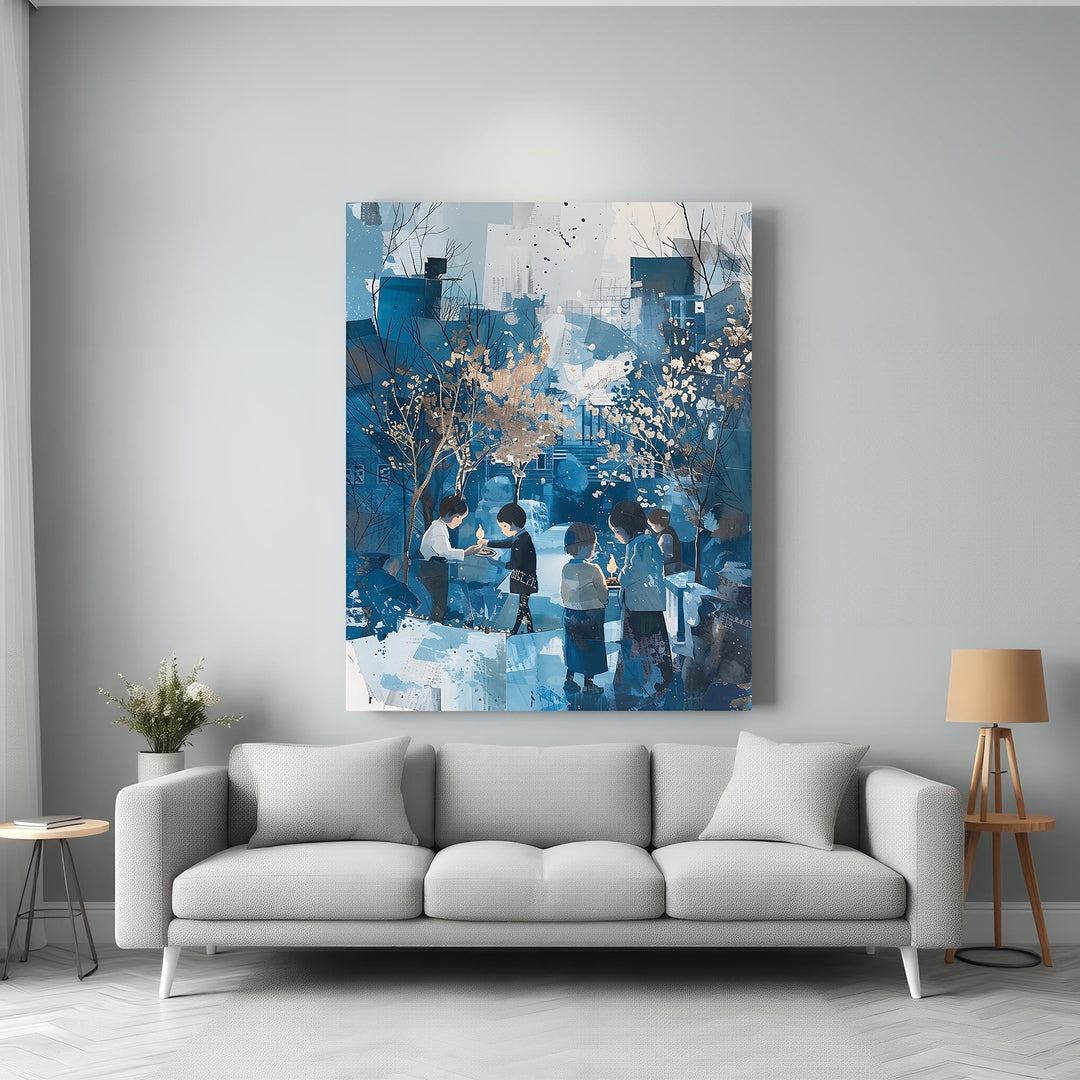Wadi Home abstract watercolor painting of children gathered around candles, in shades of blue and gold.