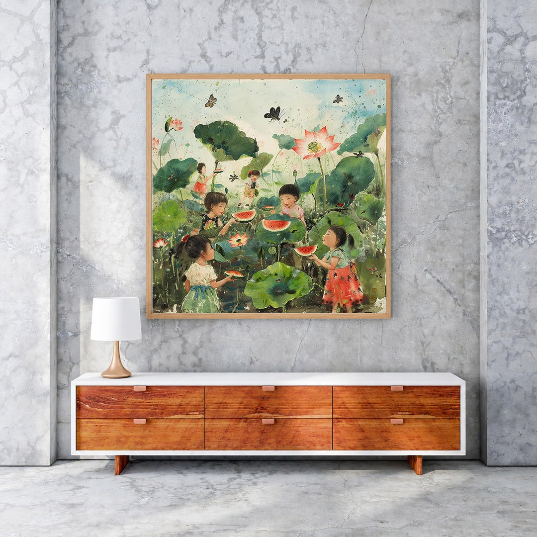 Wadi Home artwork: Children eating watermelon slices amidst lotus flowers and butterflies. Vibrant green leaves and pink lotus blooms.