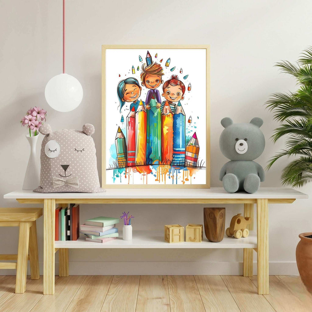 Wadi Home artwork featuring three smiling children peeking from behind colorful watercolor pencils, perfect for a child's room.