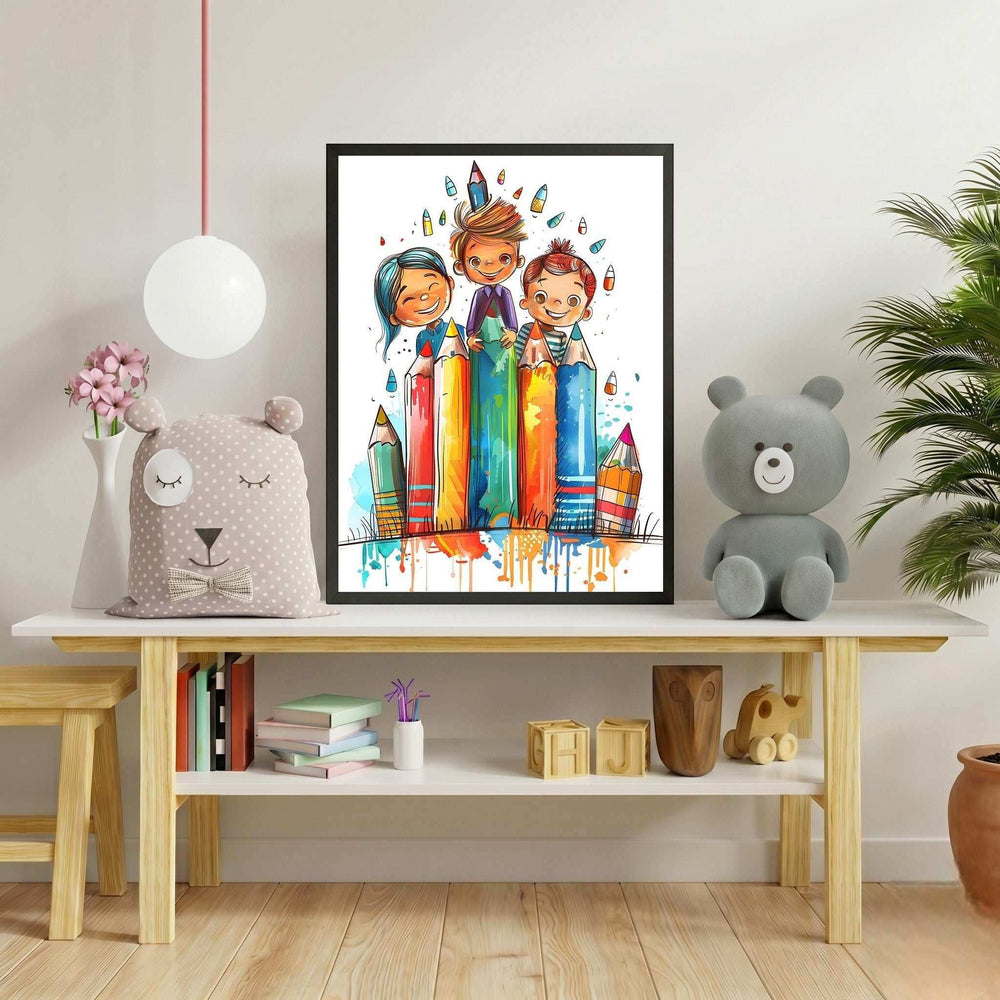 Wadi Home artwork featuring three smiling children peeking from behind colorful oversized pencils in watercolor style.