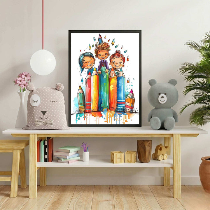 Wadi Home artwork featuring three smiling children peeking from behind colorful oversized pencils in watercolor style.