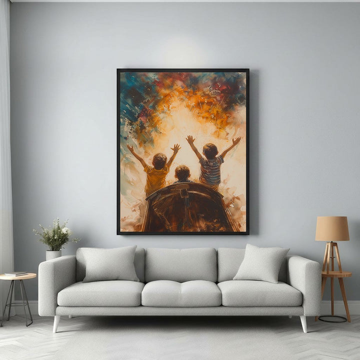 Wadi Home artwork of three children with arms raised in joy, reaching towards an abstract, colorful sky. Vibrant, optimistic wall art.