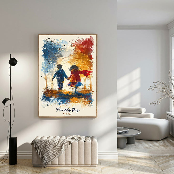 Wadi Home artwork: Two children walking hand-in-hand in impressionistic style with bold blue, red, and orange colors.