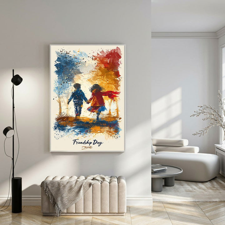 Wadi Home artwork of two children walking hand-in-hand, impressionistic style with bold blue, red, and orange colors.