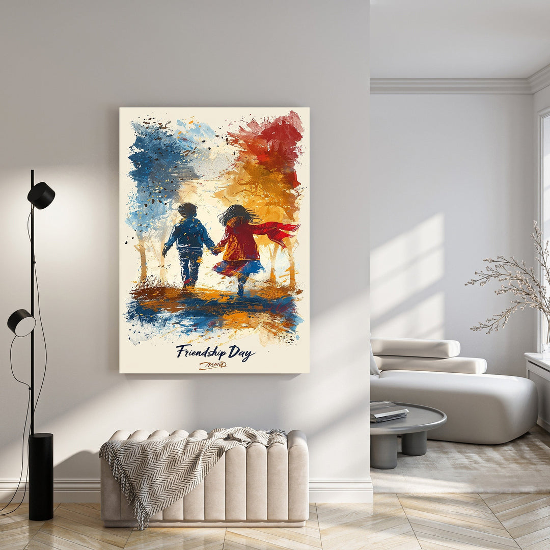 Wadi Home artwork of two children walking hand-in-hand, impressionistic style with bold blue, red, and orange colors.