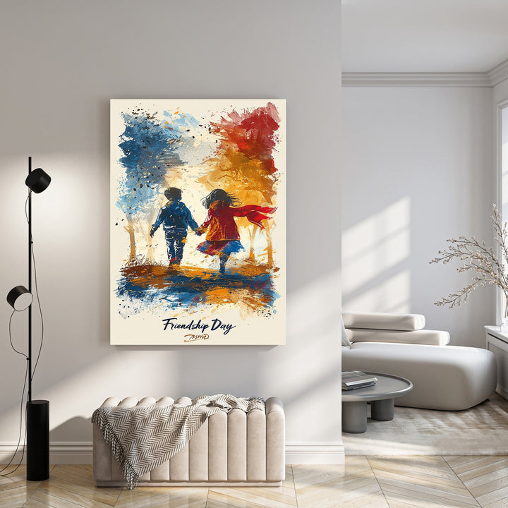 Wadi Home artwork of two children walking hand-in-hand, impressionistic style with bold blue, red, and orange colors.