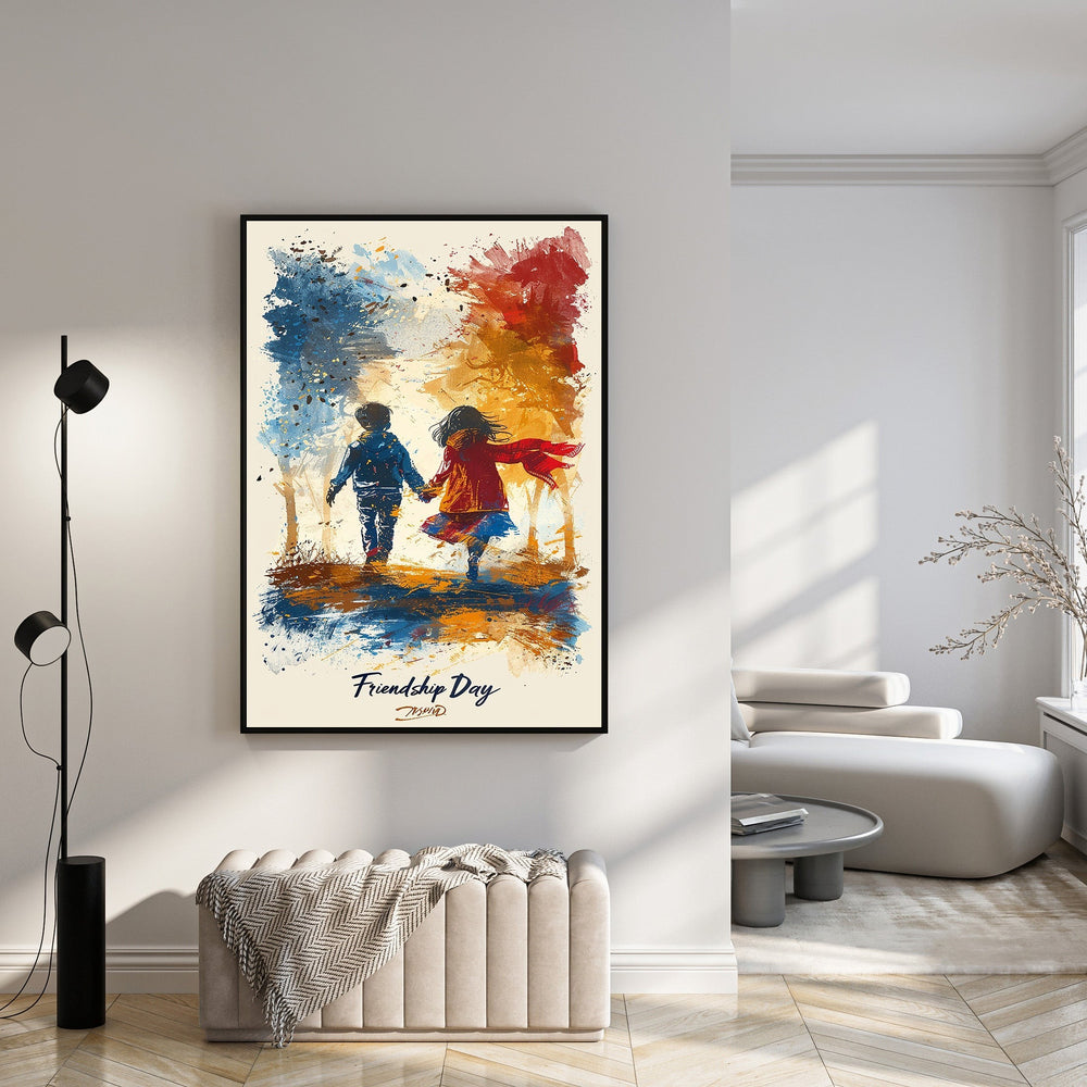 Wadi Home artwork of two children walking hand-in-hand, impressionistic style with bold colors, celebrating friendship.