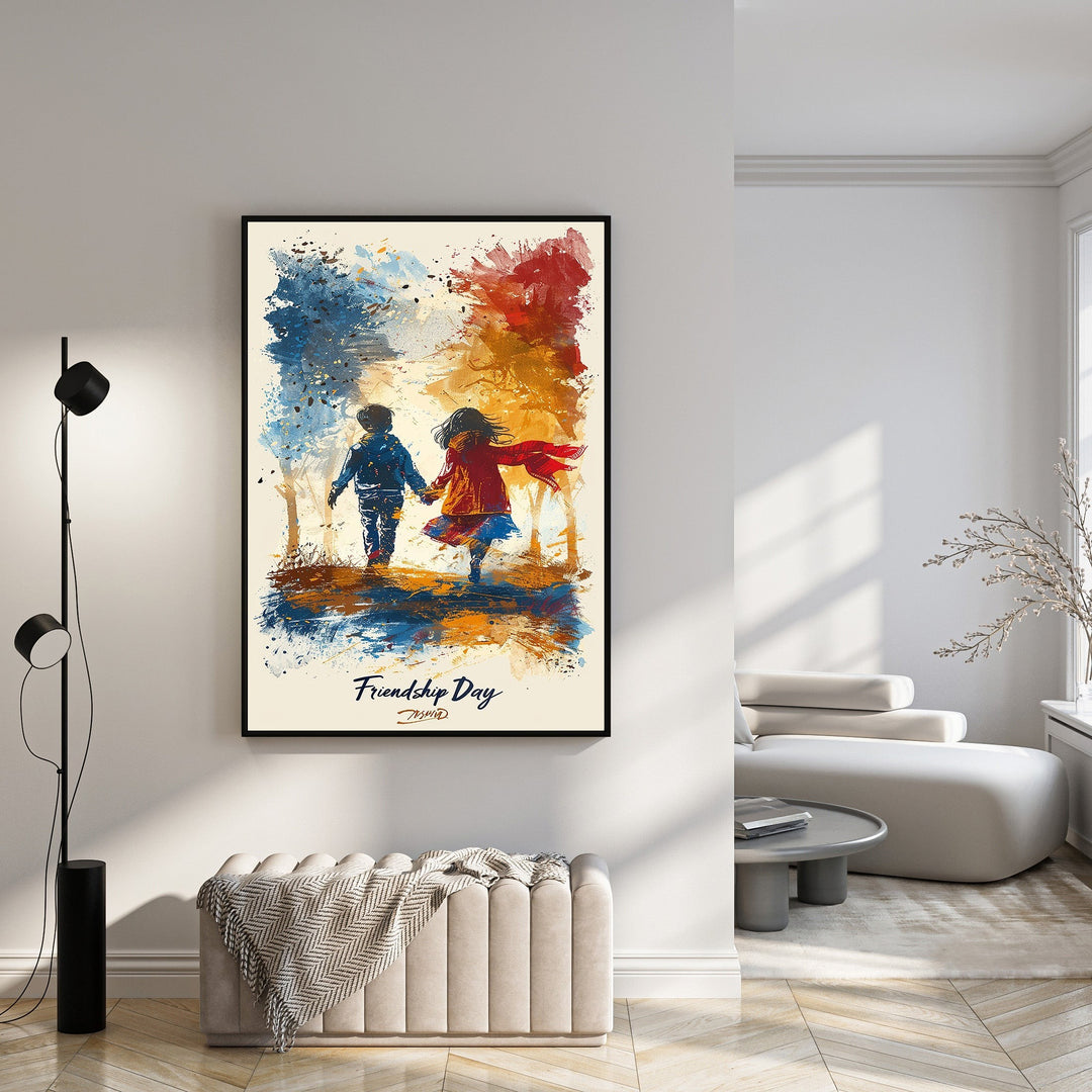 Wadi Home artwork of two children walking hand-in-hand, impressionistic style with bold colors, celebrating friendship.