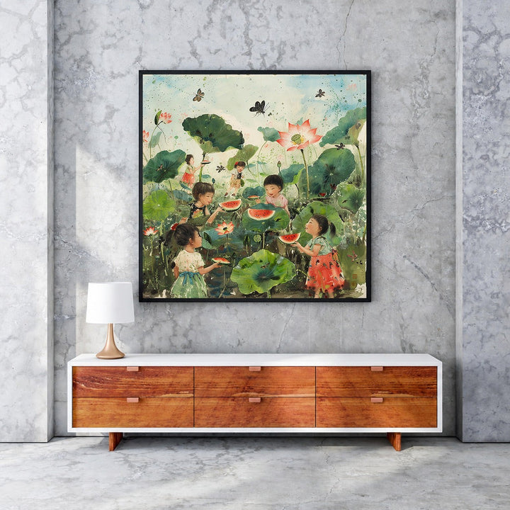 Wadi Home artwork: Children eating watermelon among lotus flowers and butterflies. Vibrant green leaves and pink lotus blooms.