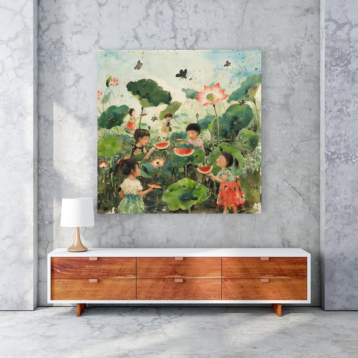 Wadi Home artwork of children eating watermelon in a lotus pond with butterflies and lush greenery.