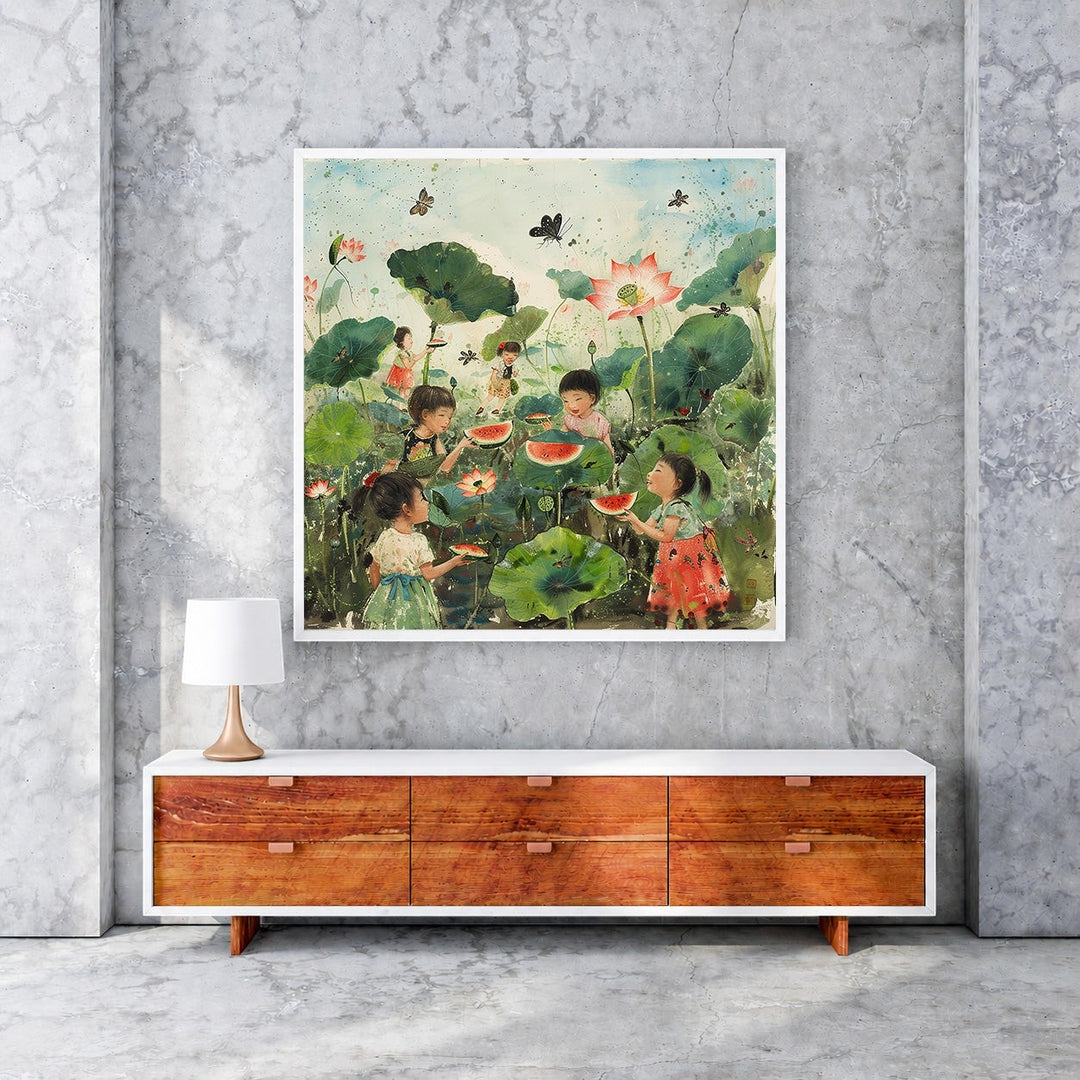 Wadi Home artwork: Children eating watermelon in a lotus pond with butterflies and lush greenery.