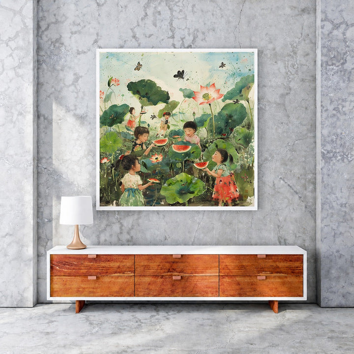 Wadi Home artwork: Children eating watermelon in a lotus pond with butterflies and lush greenery.