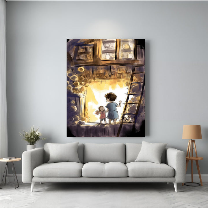 Wadi Home children's artwork: boy and girl looking out window, whimsical illustration, warm light, ideal for nursery.