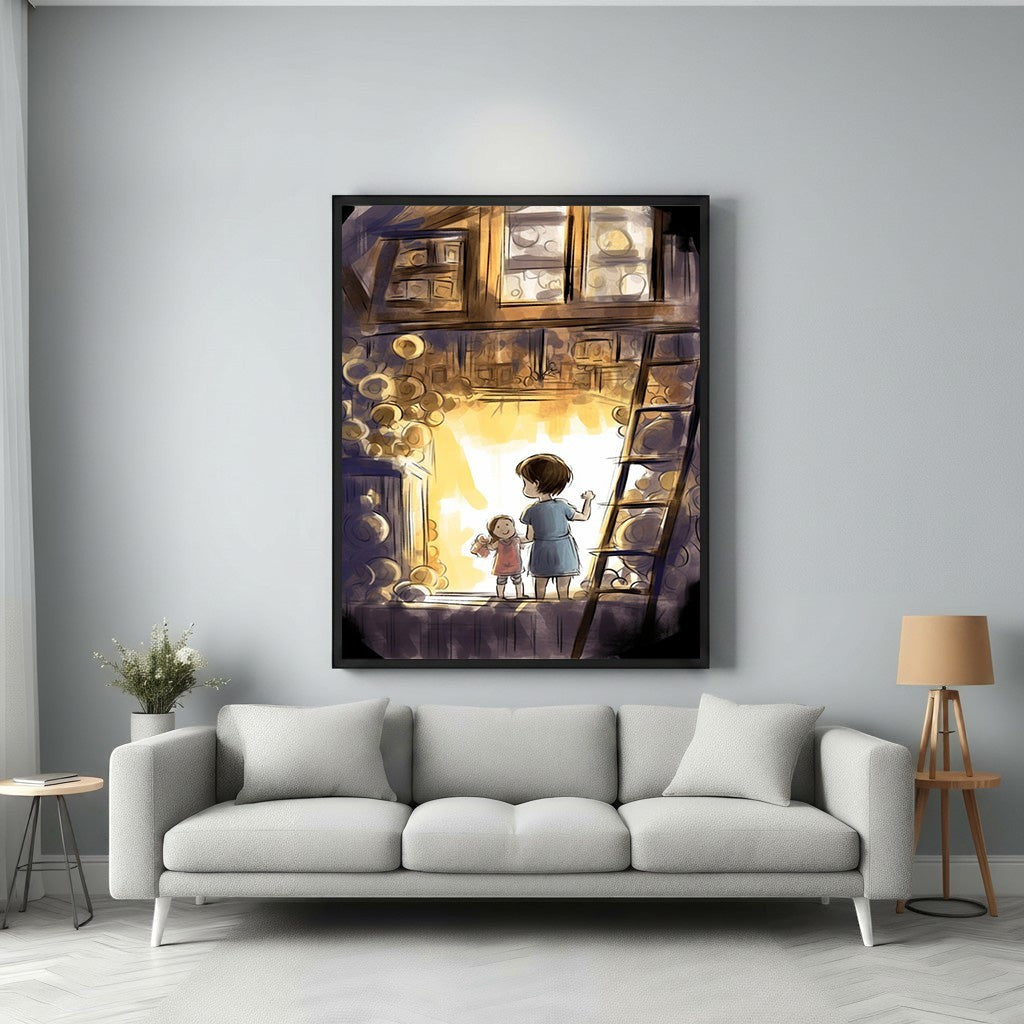Wadi Home artwork: two children, a boy and a girl, looking out a window with warm light. Whimsical illustration for a child's room.
