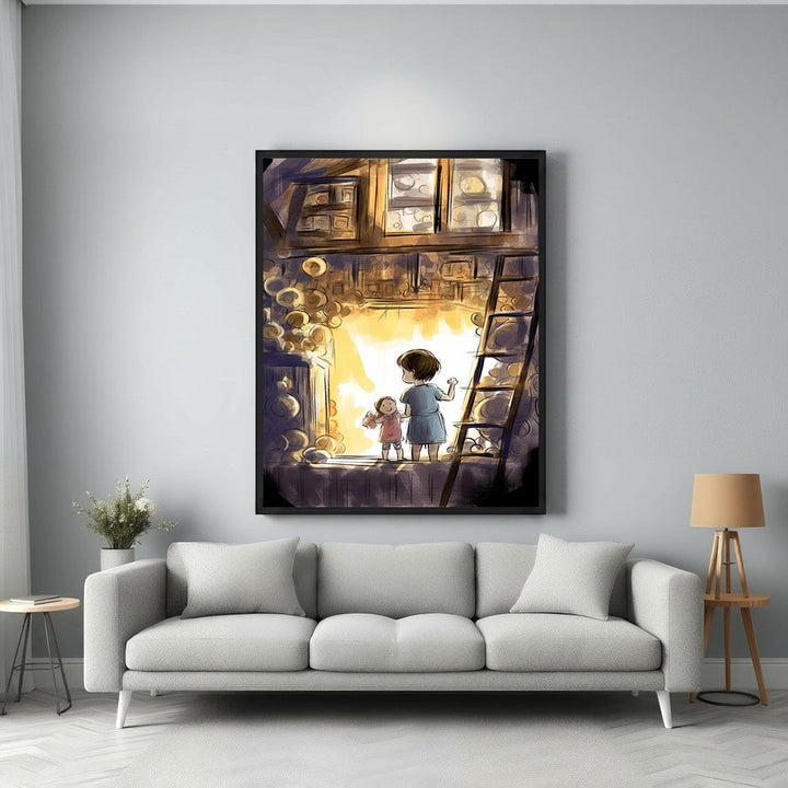 Wadi Home artwork: two children, a boy and a girl, looking out a window with warm light. Whimsical illustration for a child's room.