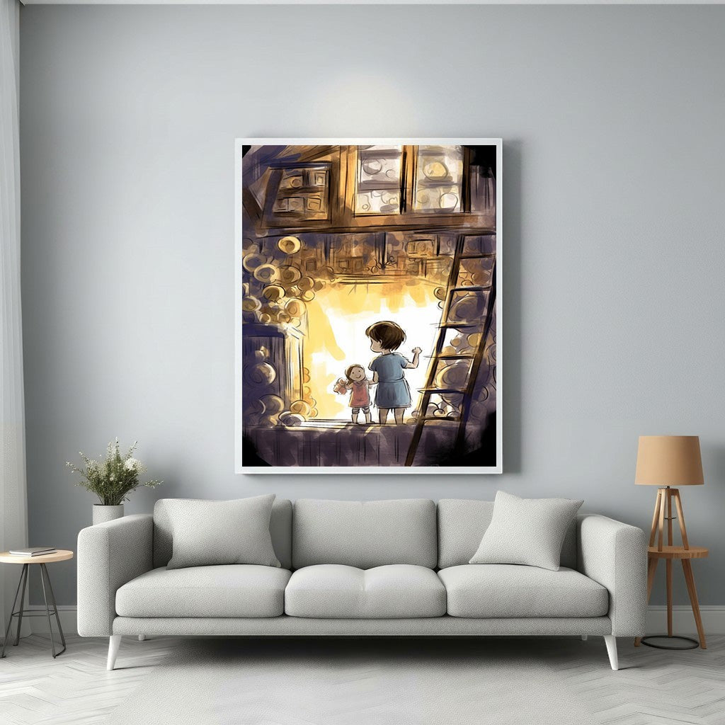 Wadi Home children's whimsical illustration of a boy and girl looking out a window with warm light and a ladder.