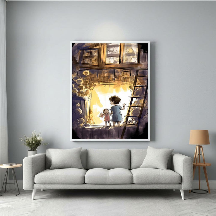 Wadi Home children's whimsical illustration of a boy and girl looking out a window with warm light and a ladder.