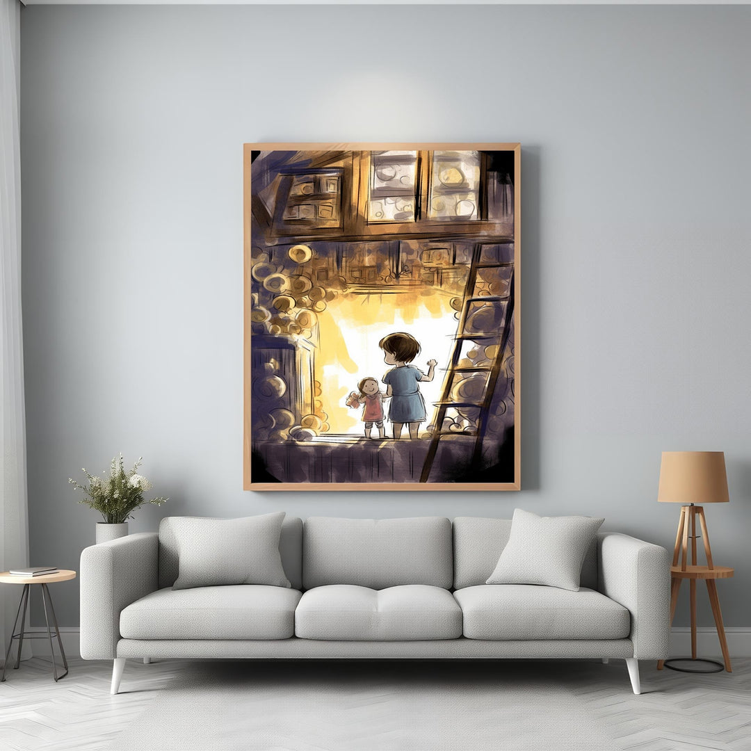 Wadi Home children's whimsical illustration of a boy and girl looking out a window with warm light.