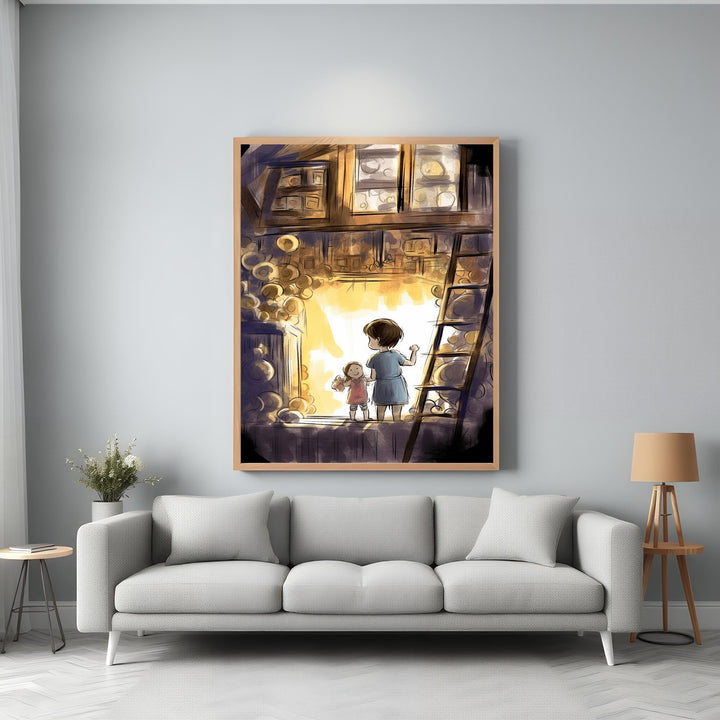 Wadi Home children's whimsical illustration of a boy and girl looking out a window with warm light.