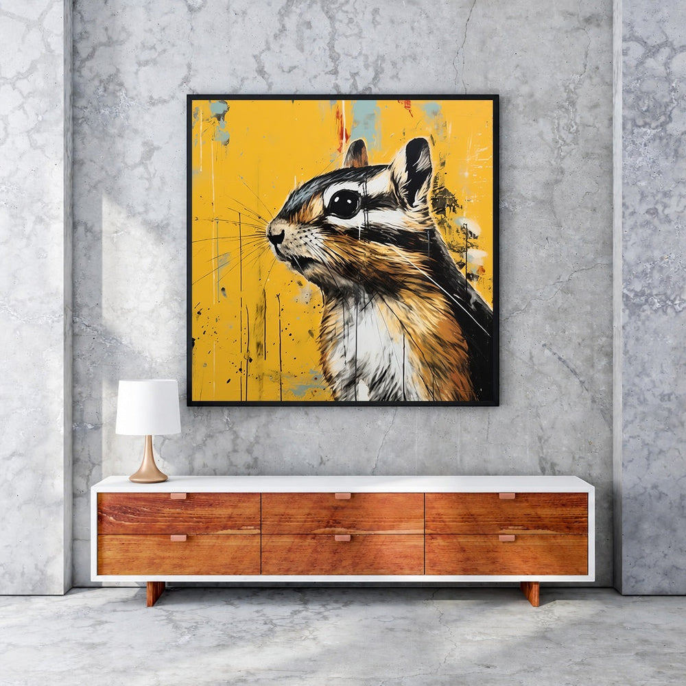 Wadi Home chipmunk portrait wall art with detailed illustration on vibrant yellow textured background.