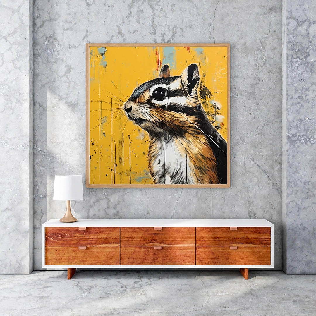 Wadi Home chipmunk portrait wall art with detailed illustration on vibrant yellow textured background.