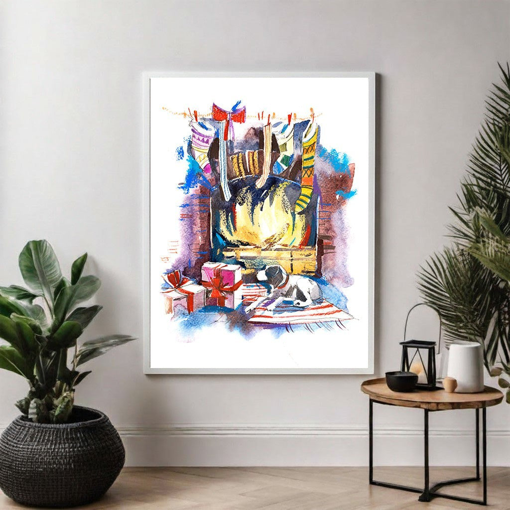 Wadi Home watercolor painting of a cozy Christmas fireplace scene with stockings, gifts, and a dog.