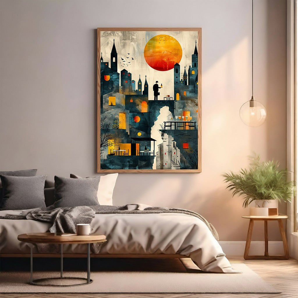 Wadi Home Cityscape With Large Sun Wall Art featuring a stylized city silhouette under a large, vibrant sun with deep blues, yellows, and oranges.