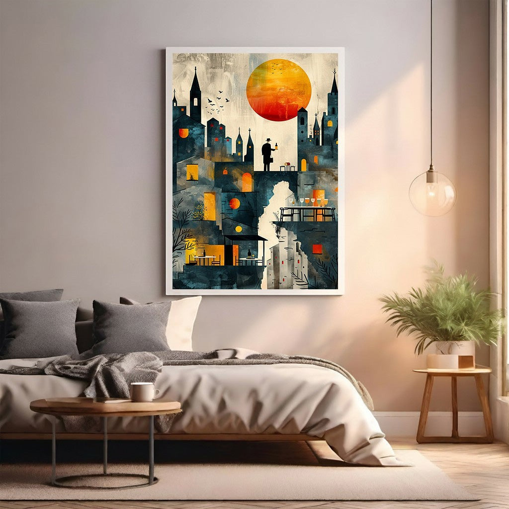 Wadi Home cityscape wall art with a large sun, silhouetted buildings, and warm yellow and orange tones.