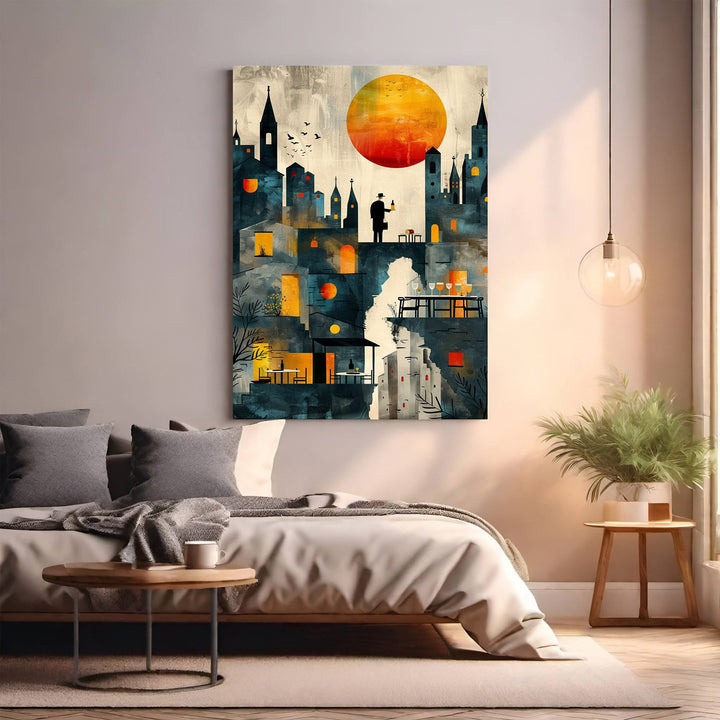 Wadi Home Cityscape With Large Sun Wall Art featuring a stylized city silhouette under a large, vibrant sun with warm yellow and orange hues.
