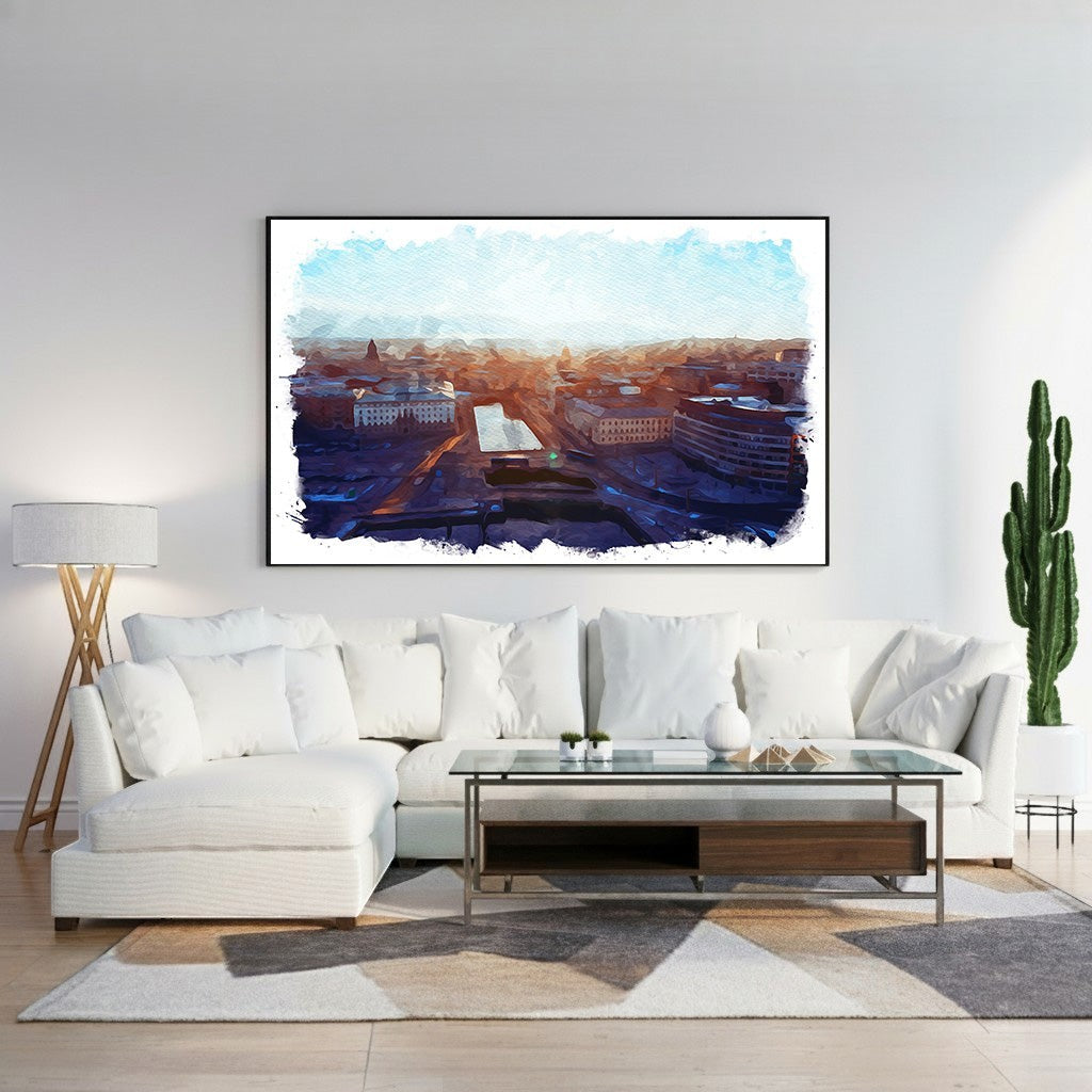 Wadi Home Cityscape Sunrise Watercolor Wall Art featuring a vibrant watercolor depiction of a city at dawn with warm oranges and deep blues.