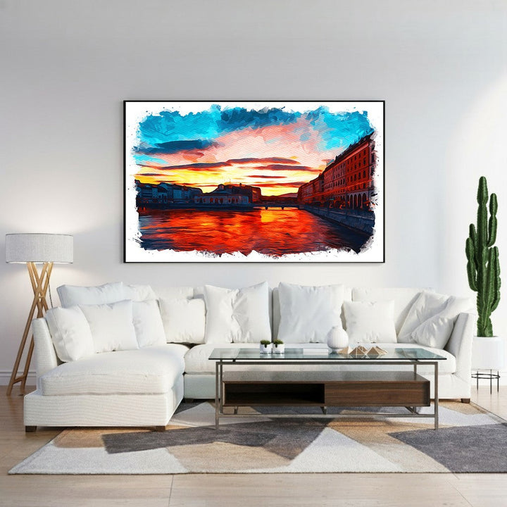 Wadi Home vibrant cityscape sunset wall art with fiery orange reflection in water and blue sky.