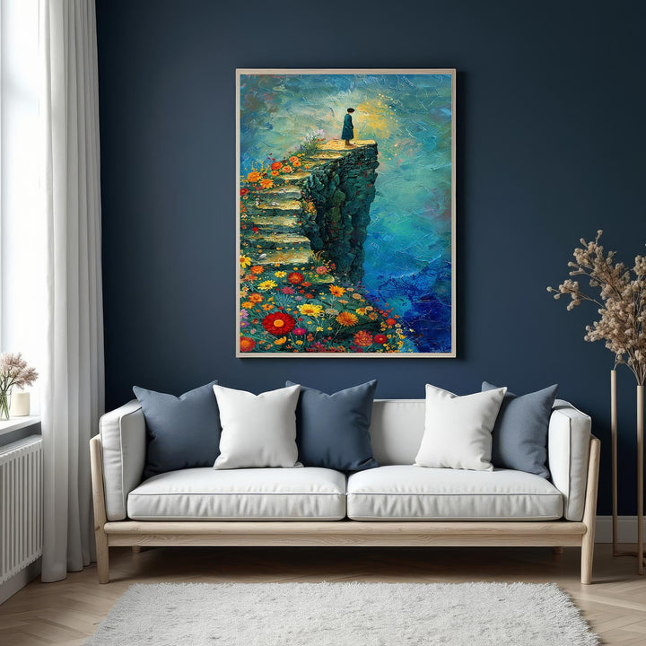 Wadi Home artwork: figure on cliffside floral stairway to sun, vibrant blues, colorful blooms, inspirational wall art.
