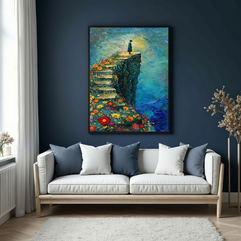 Wadi Home artwork: figure on cliffside floral stairway to sun, vibrant blues, colorful blooms, inspirational wall art.