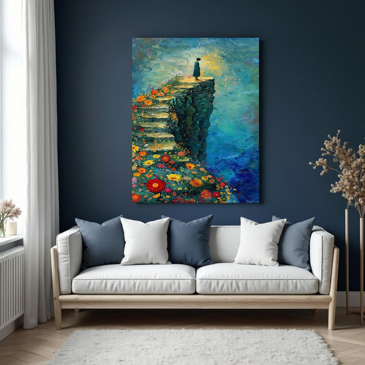 Wadi Home Cliffside Floral Stairway To The Sun artwork featuring a figure on a cliffside staircase lined with colorful flowers, leading to a bright sun.