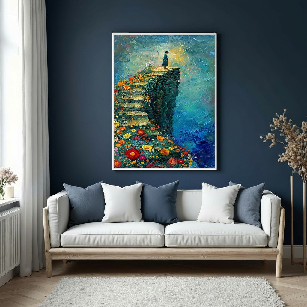 Wadi Home artwork: figure on cliffside floral stairway to sun, vibrant blues, colorful blooms, inspirational wall art.