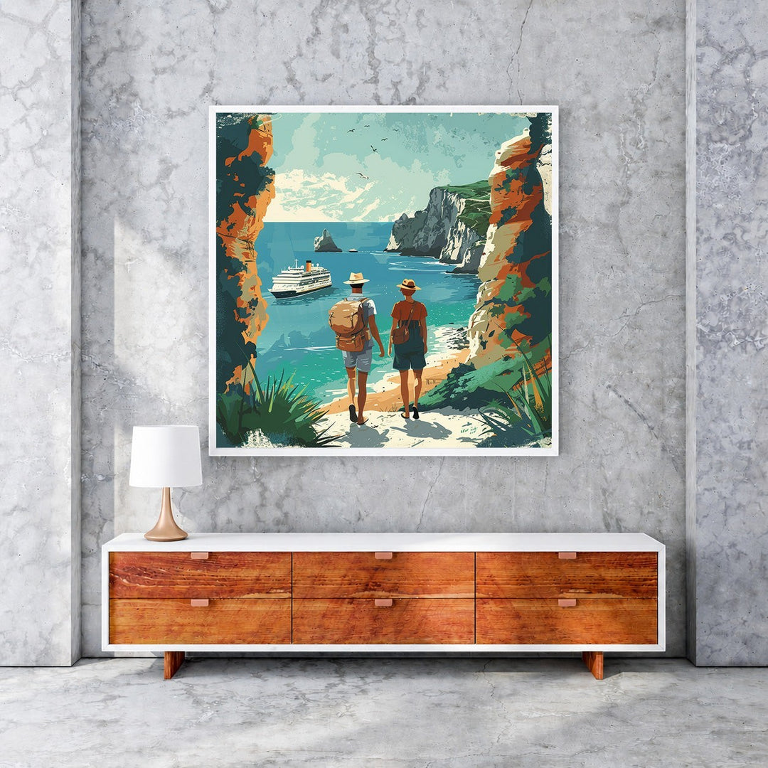 Wadi Home Coastal Voyage art: two figures walk towards a cruise ship on turquoise water, framed by cliffs.