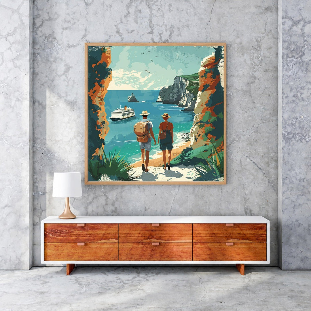 Wadi Home Coastal Voyage wall art: two figures walk on a path overlooking turquoise sea, cruise ship, cliffs, and greenery.
