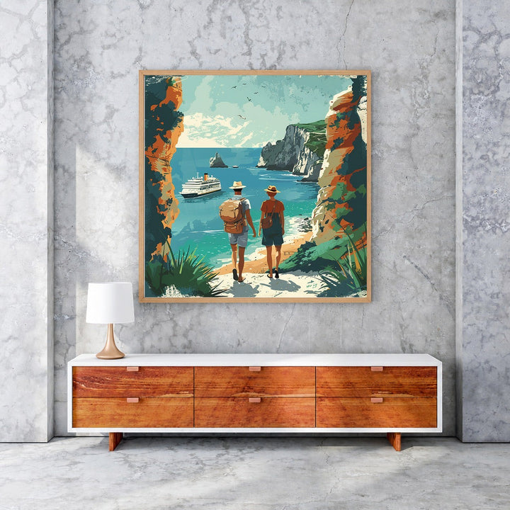 Wadi Home Coastal Voyage wall art: two figures walk on a path overlooking turquoise sea, cruise ship, cliffs, and greenery.