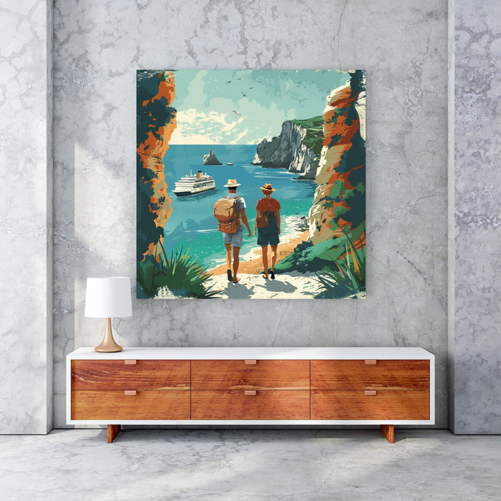 Wadi Home Coastal Voyage wall art: two figures walk towards a cruise ship on turquoise water, framed by cliffs.