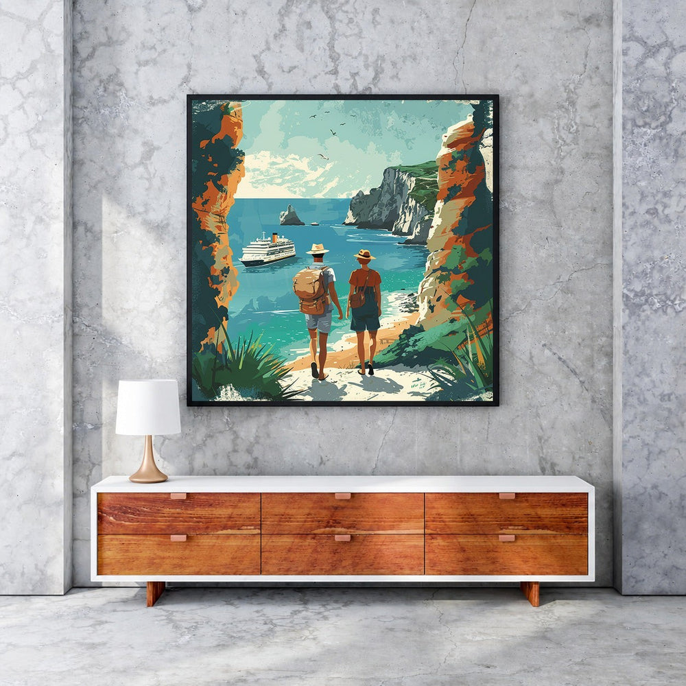 Wadi Home Coastal Voyage art: two figures walk towards a cruise ship on turquoise water, framed by cliffs.